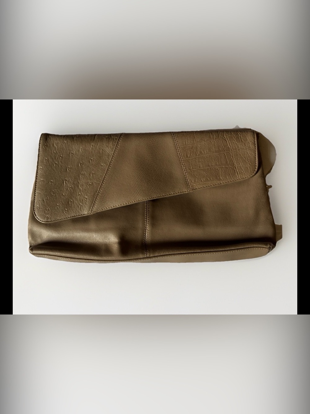 Bueno Leather Olive Brown Fold-Over Clutch with Textured Panel 7x14x2”